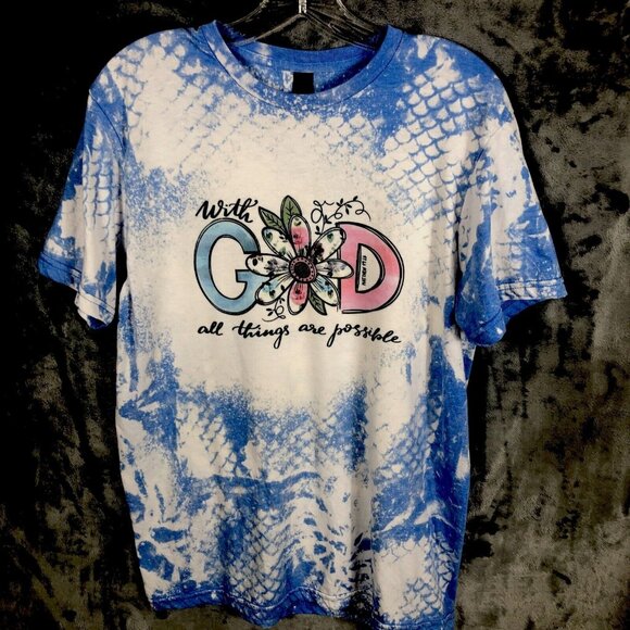 Gildan Tops - Christian Womans Graphic Tie-Dye T-Shirt With "With God All Things Are Possible"
